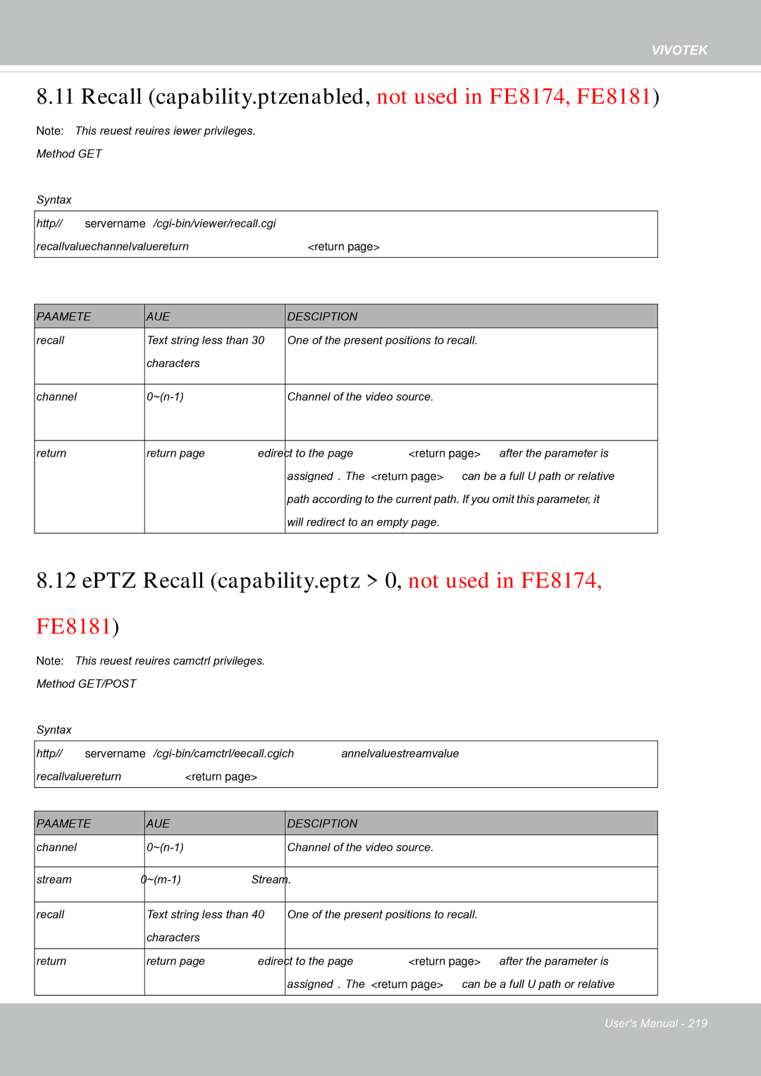 Vivotek FE8181V user manual Recall capability.ptzenabled, not used in FE8174, FE8181 