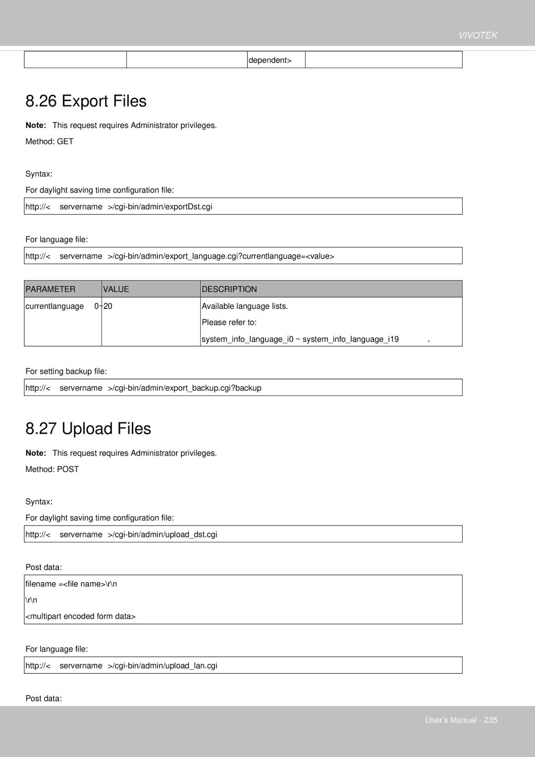 Vivotek FE8181V user manual Export Files, Upload Files 