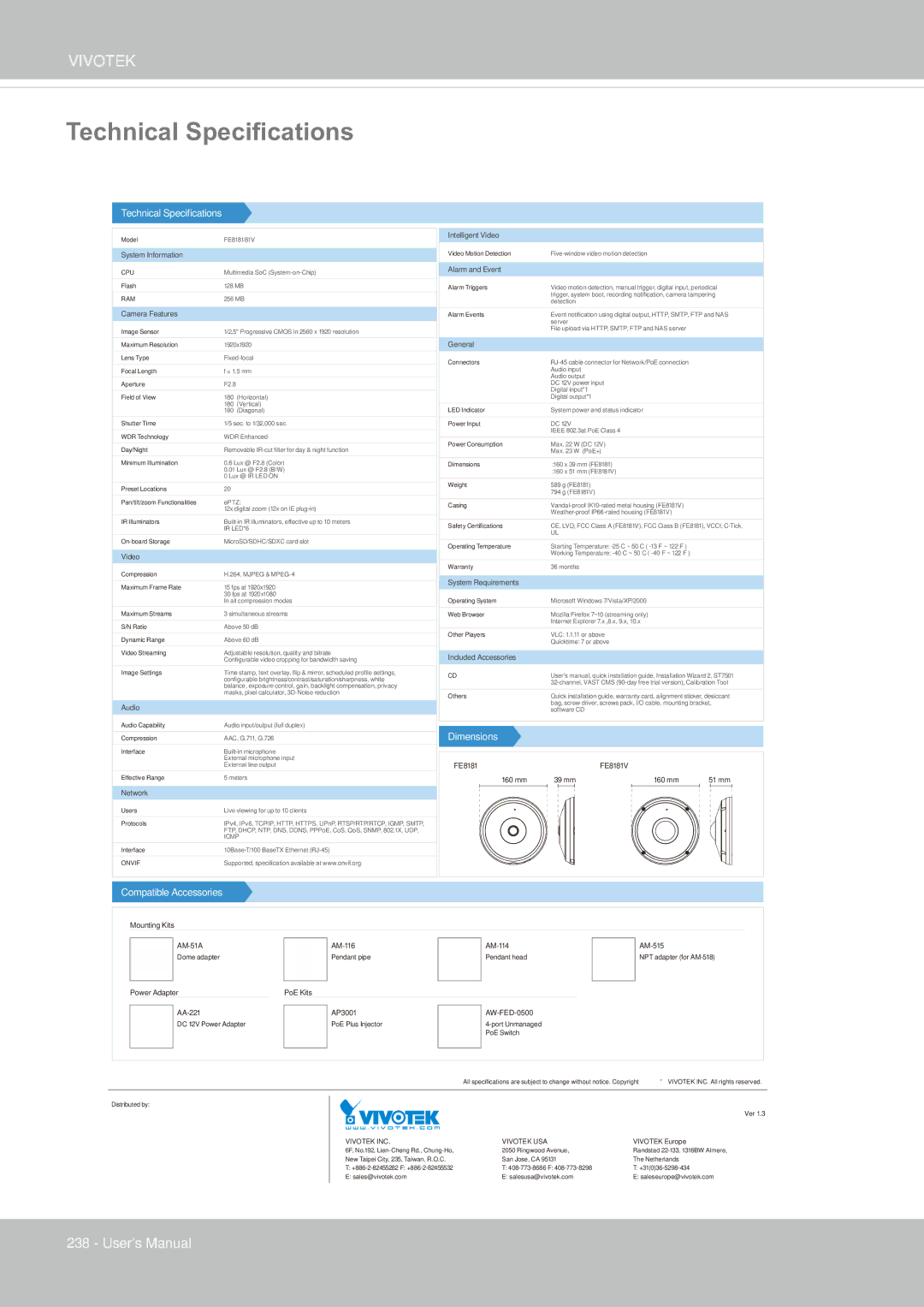 Vivotek FE8181V user manual Technical Specifications 