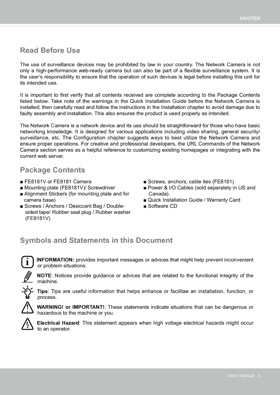 Vivotek FE8181V user manual Read Before Use, Package Contents, Symbols and Statements in this Document 