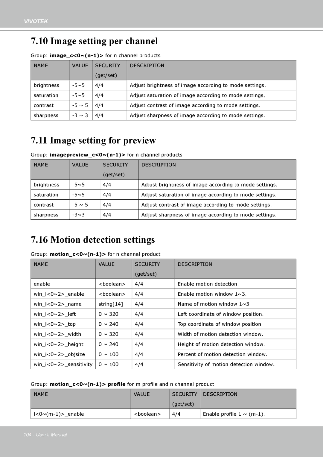 Vivotek H.264 manual Image setting per channel, Image setting for preview, Motion detection settings 