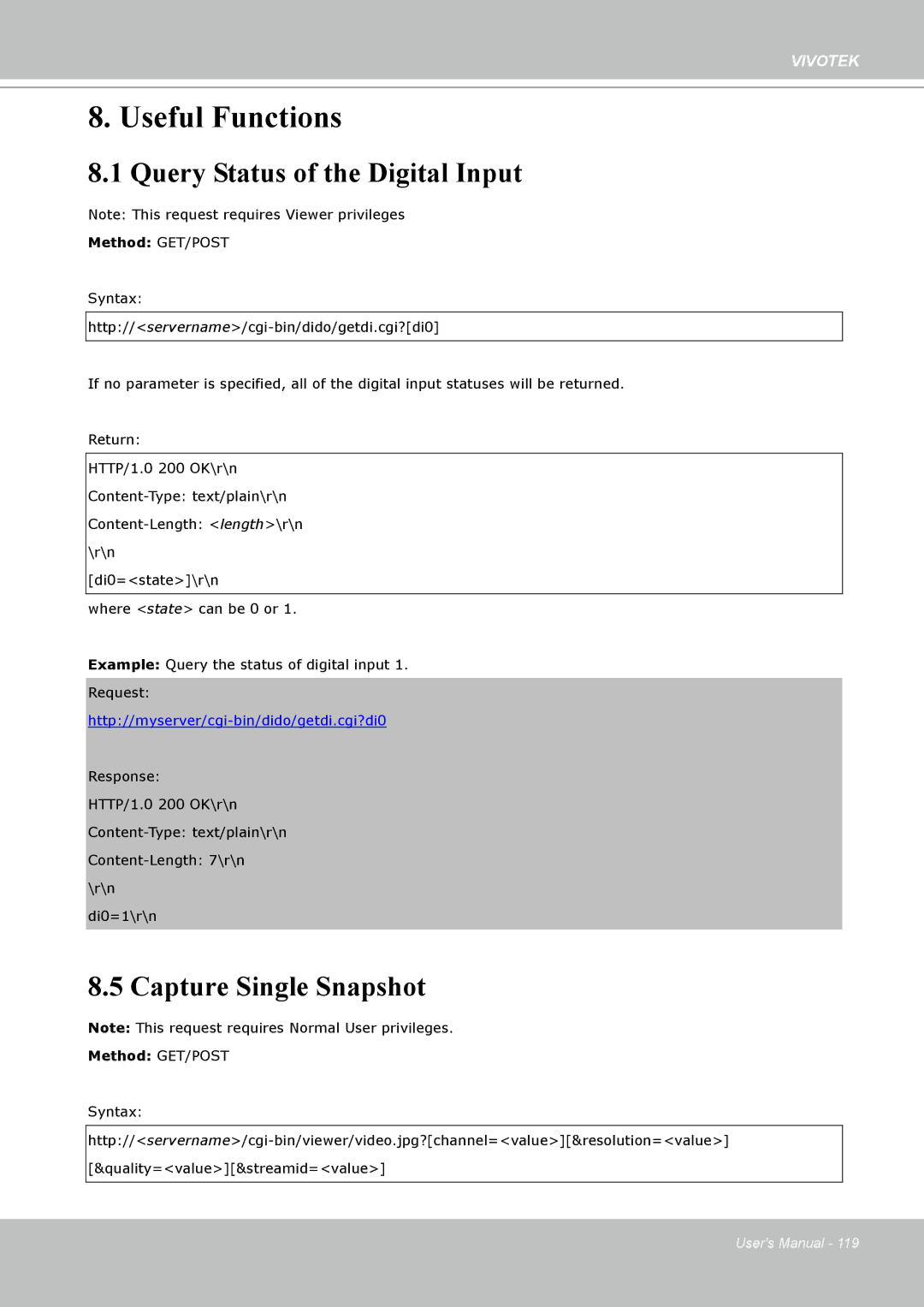 Vivotek H.264 manual Query Status of the Digital Input, Capture Single Snapshot 