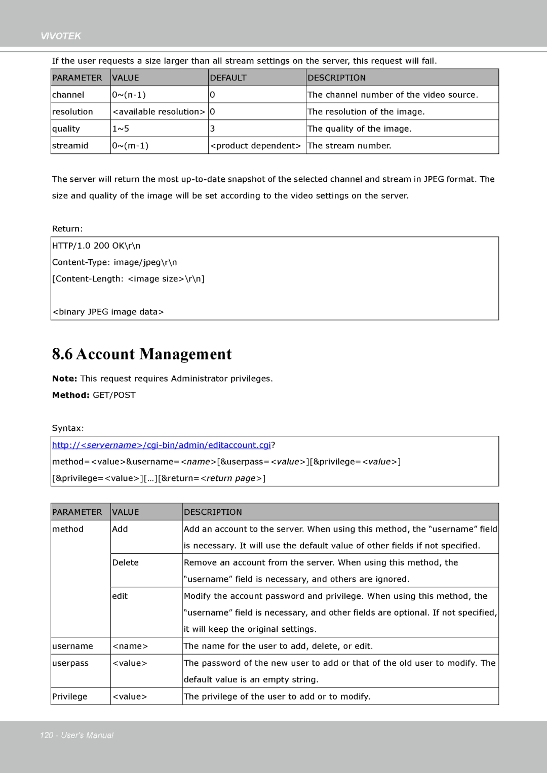 Vivotek H.264 manual Account Management, Parameter Value Default Description 