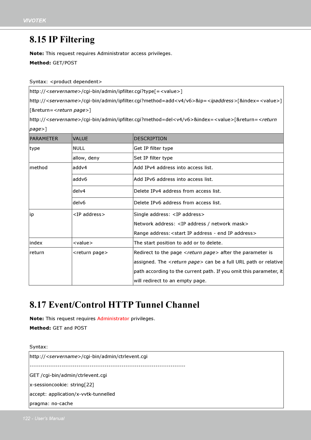 Vivotek H.264 manual IP Filtering, Event/Control Http Tunnel Channel, Null 