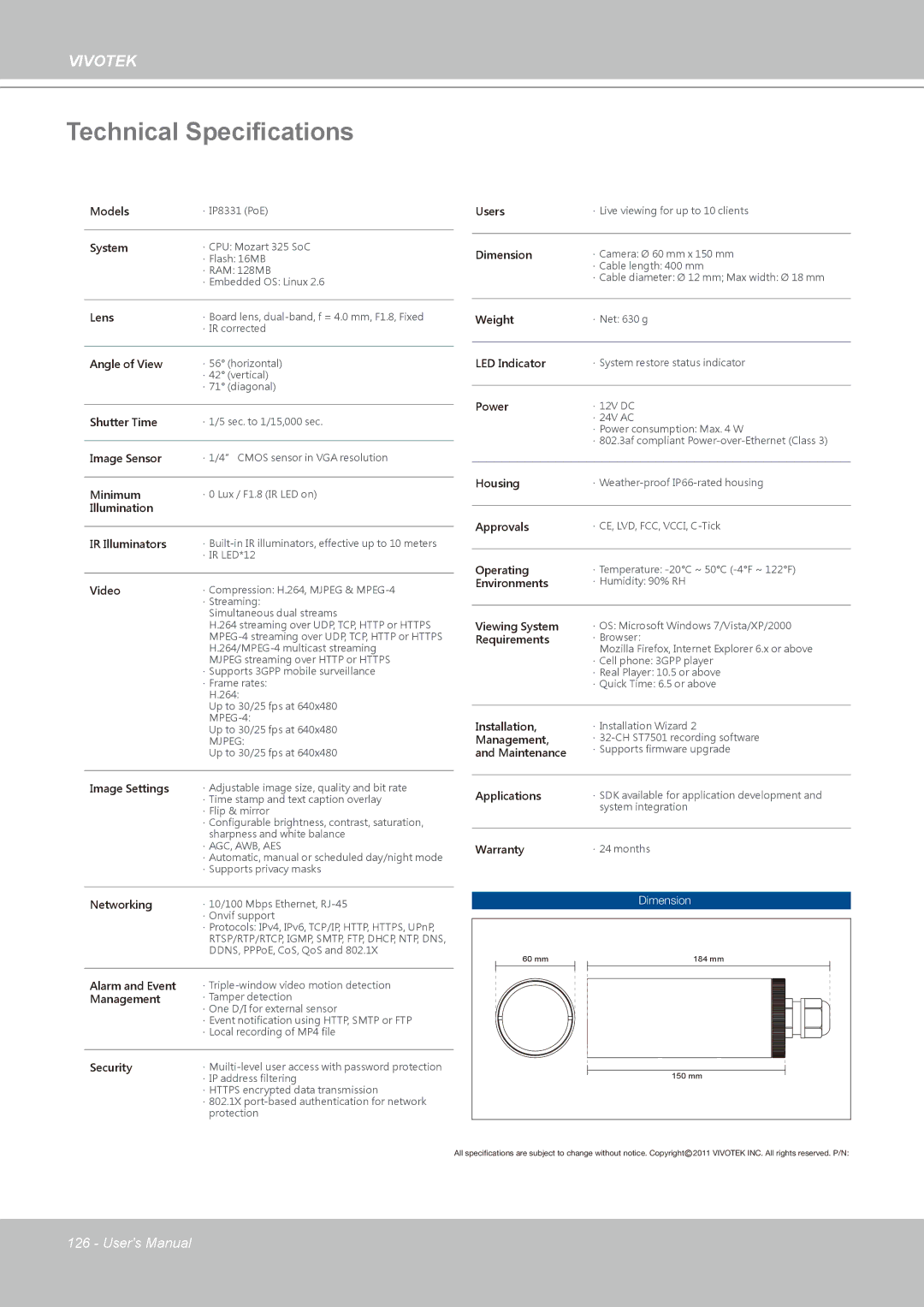 Vivotek H.264 manual Technical Specifications, Video 