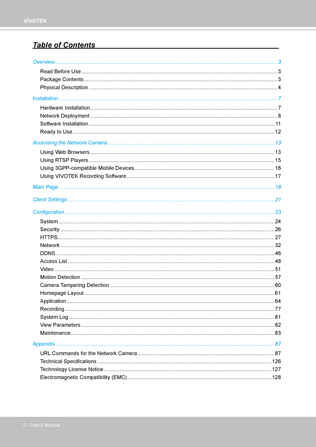 Vivotek H.264 manual Table of Contents 