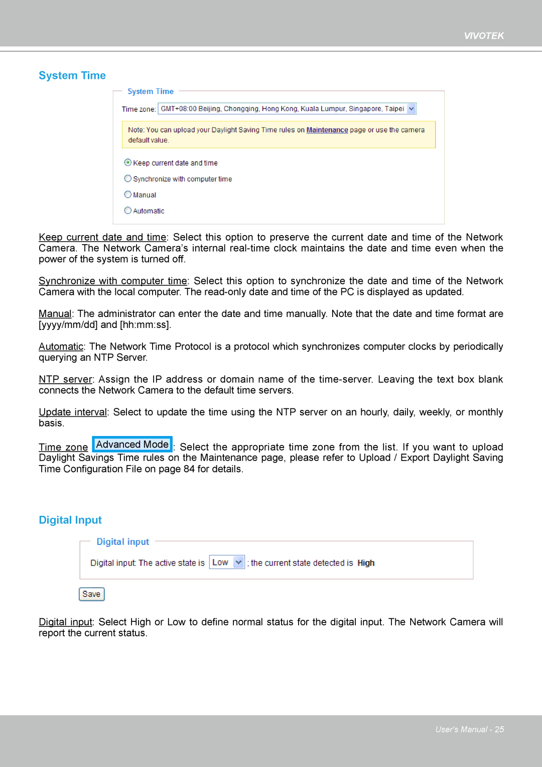 Vivotek H.264 manual System Time, Digital Input 