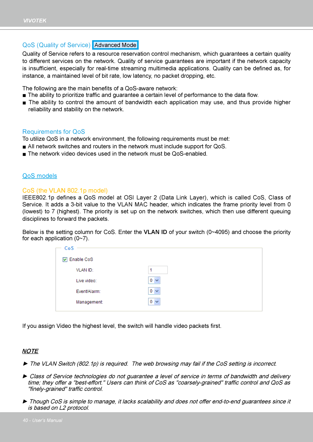 Vivotek H.264 manual CoS the Vlan 802.1p model 