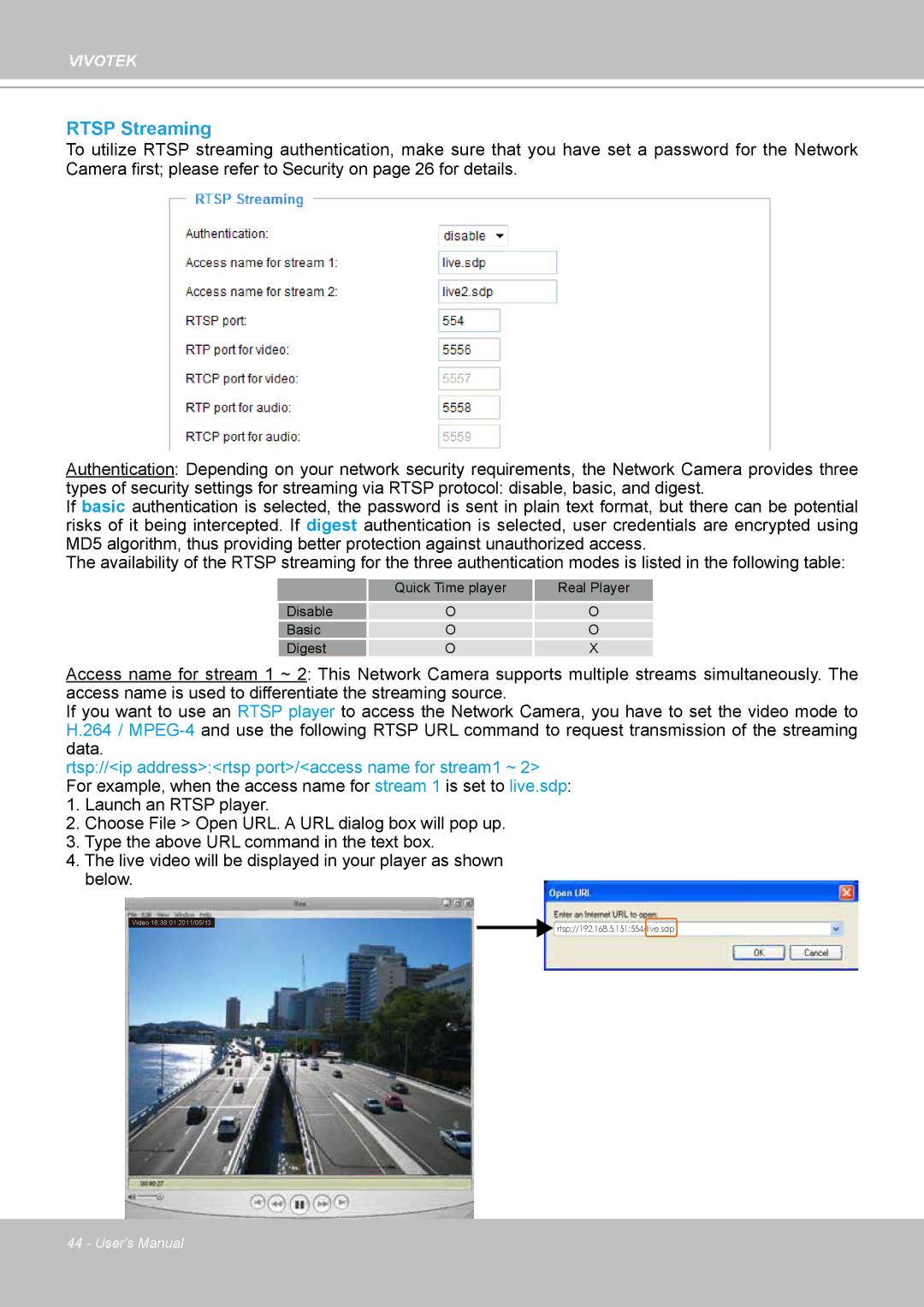 Vivotek H.264 manual Rtsp Streaming 