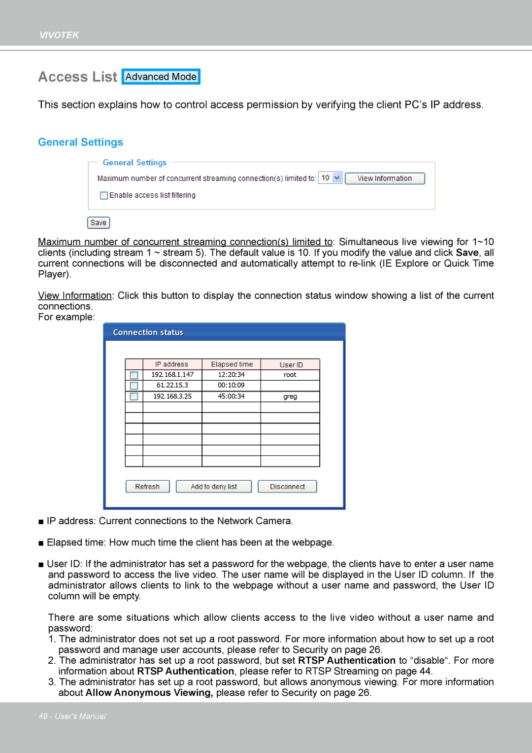 Vivotek H.264 manual Access List, General Settings 