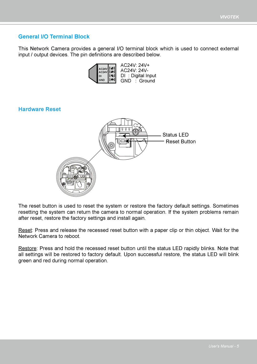 Vivotek H.264 manual Hardware Reset 