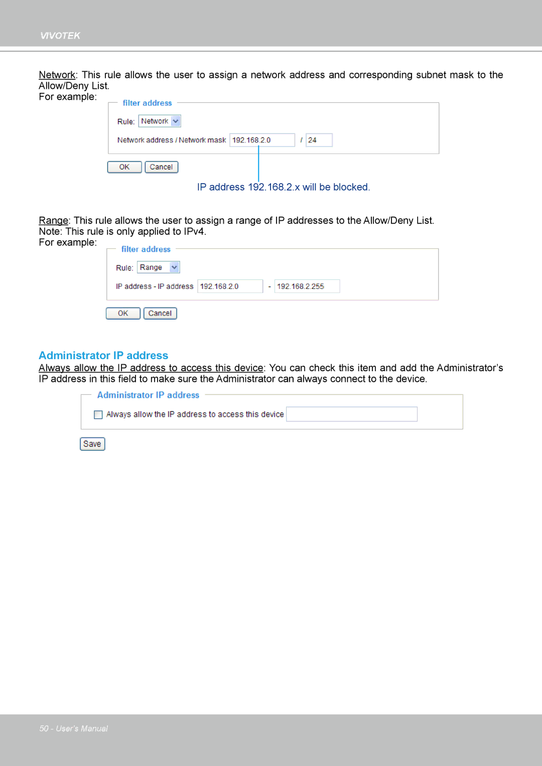 Vivotek H.264 manual Administrator IP address 