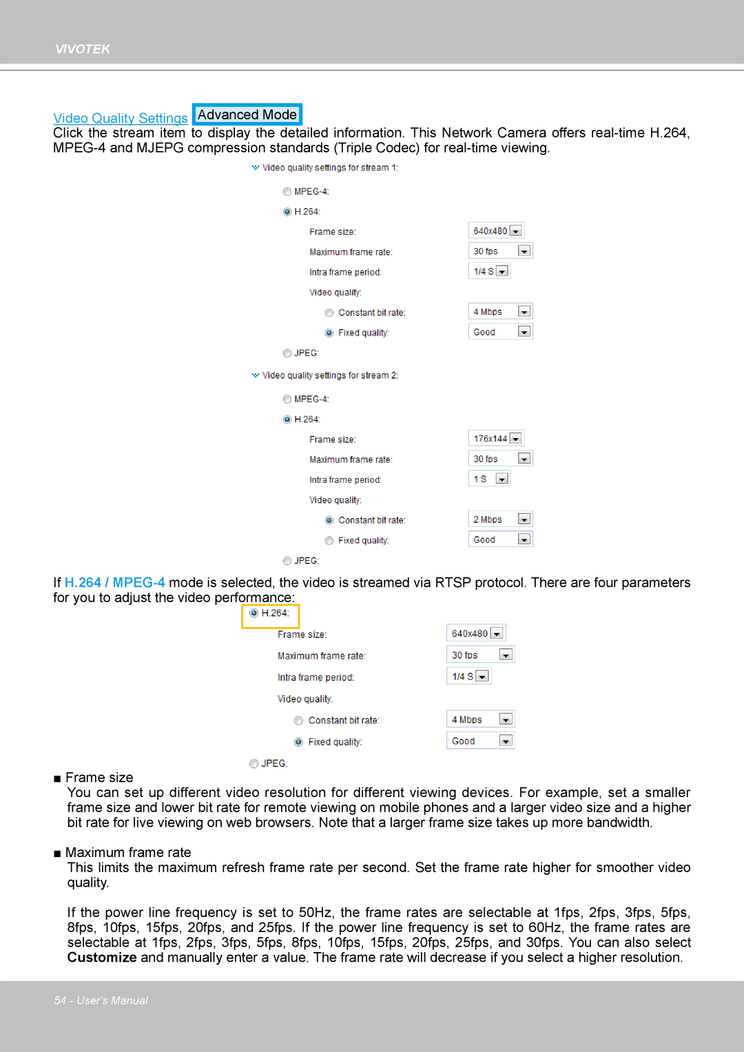Vivotek H.264 manual Video Quality Settings Advanced Mode 