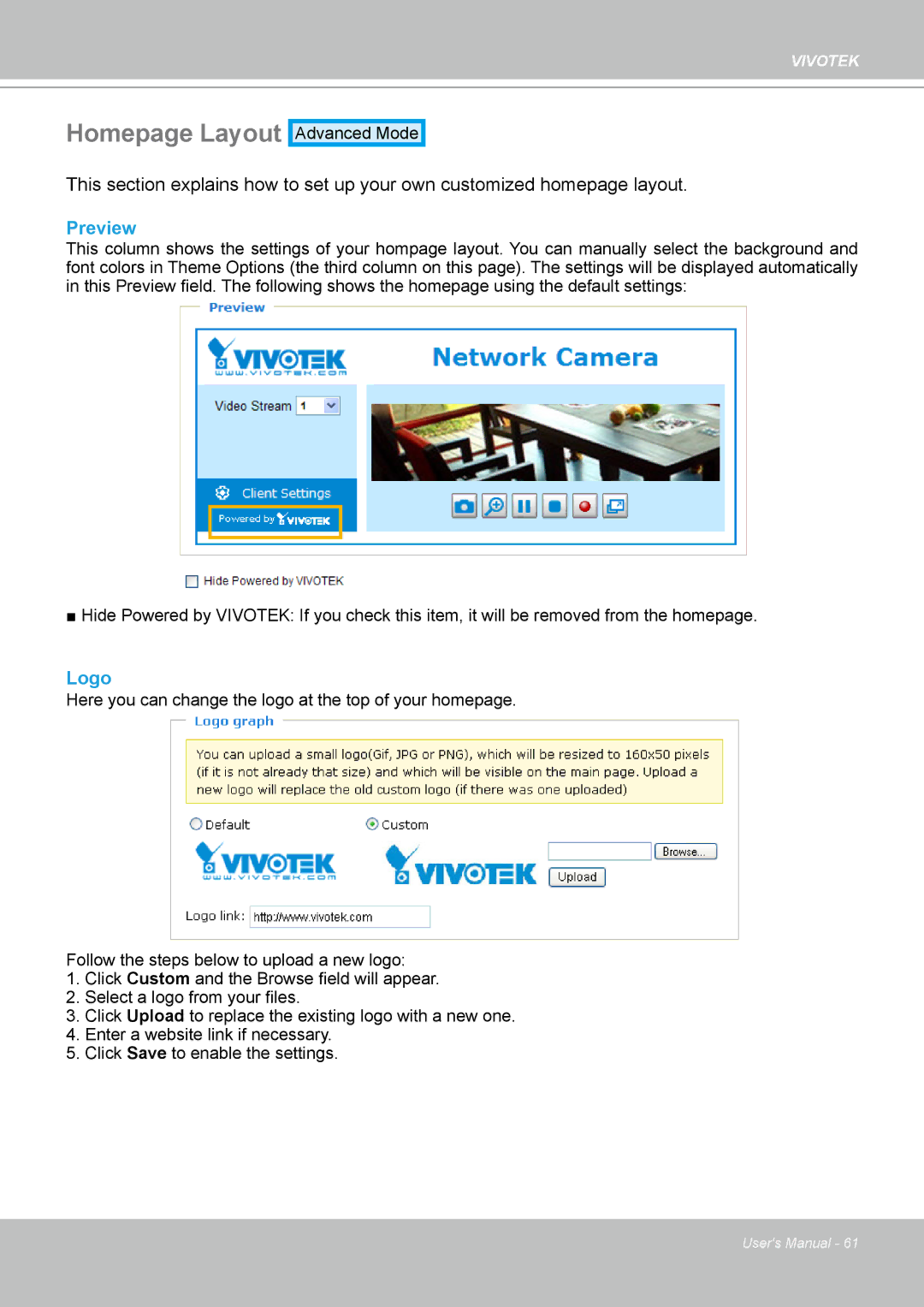 Vivotek H.264 manual Homepage Layout, Preview, Logo 