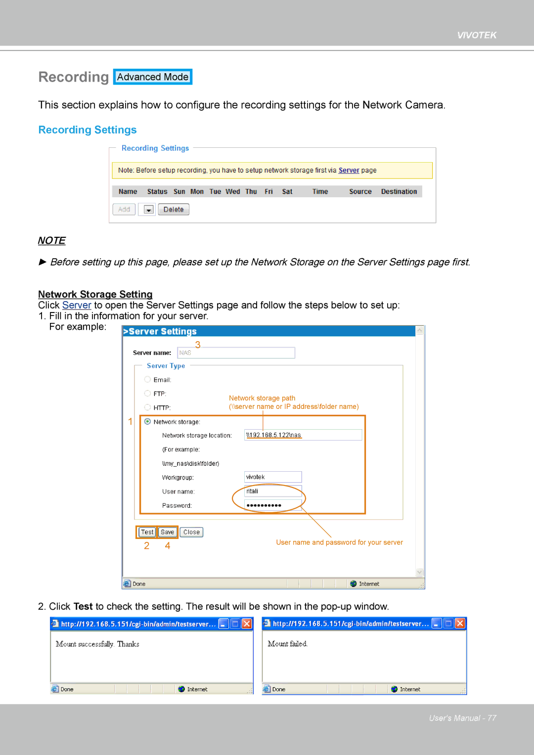 Vivotek H.264 manual Recording Settings 