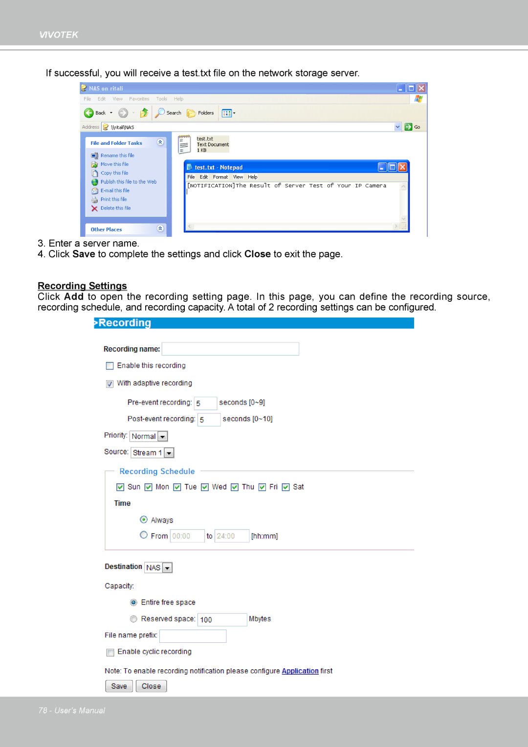 Vivotek H.264 manual Recording Settings 