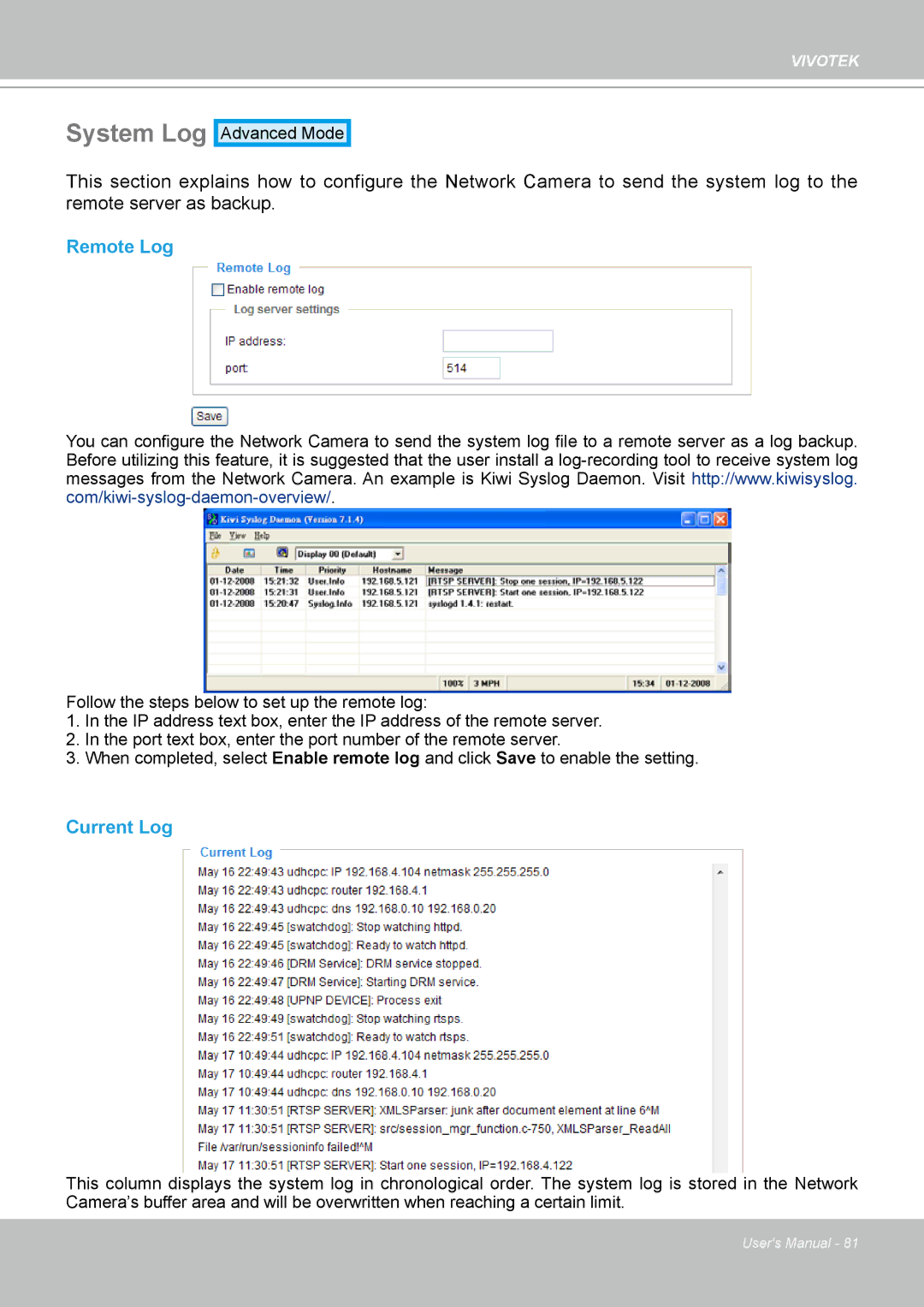 Vivotek H.264 manual System Log, Remote Log, Current Log 