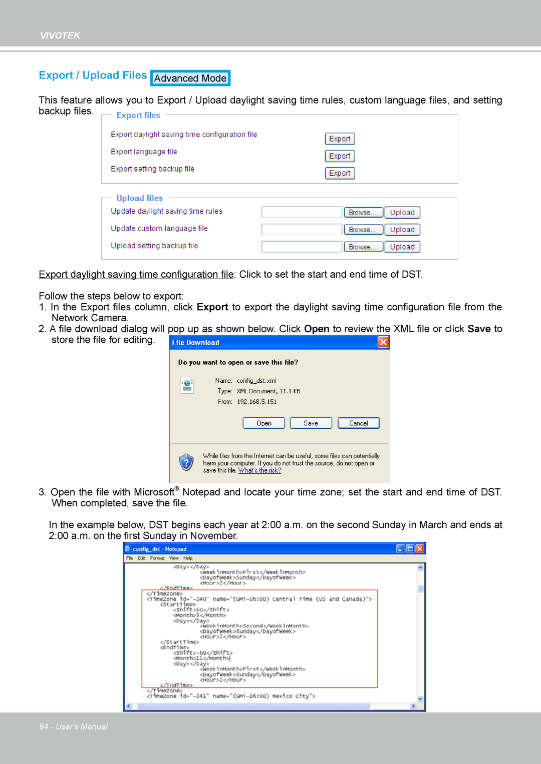 Vivotek H.264 manual Export / Upload Files 