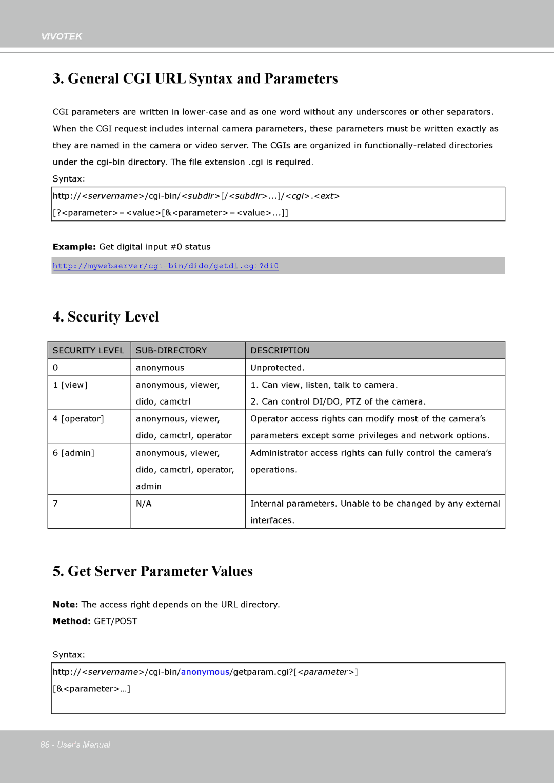 Vivotek H.264 manual General CGI URL Syntax and Parameters, Security Level SUB-DIRECTORY Description 