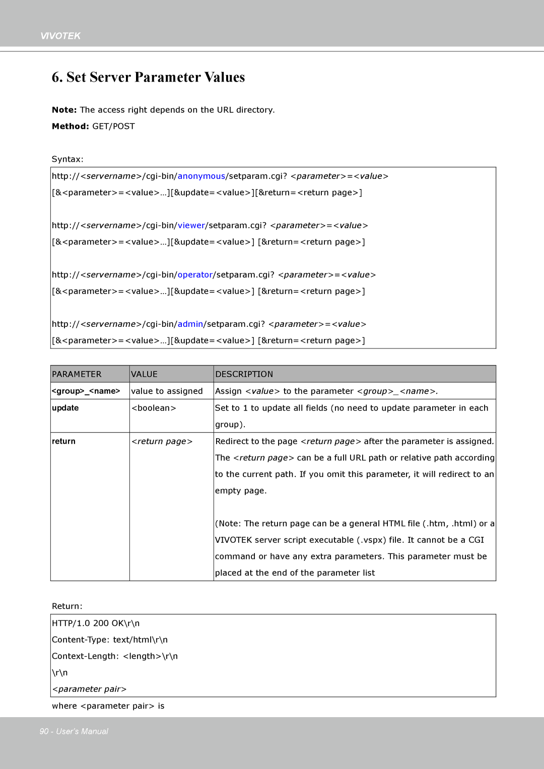 Vivotek H.264 manual Set Server Parameter Values, Parameter Value Description 