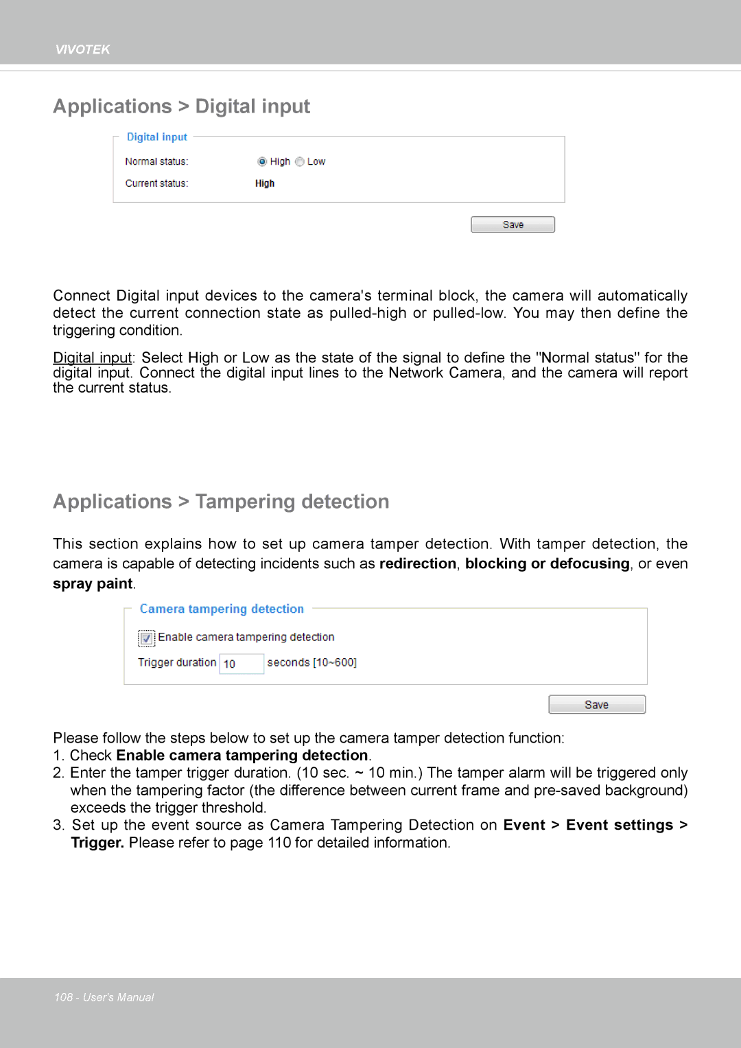 Vivotek IB8354-C user manual Applications Digital input, Applications Tampering detection 