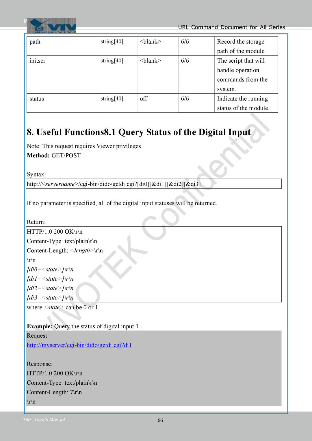 Vivotek IB8354-C user manual Useful Functions8.1 Query Status of the Digital Input, Path 