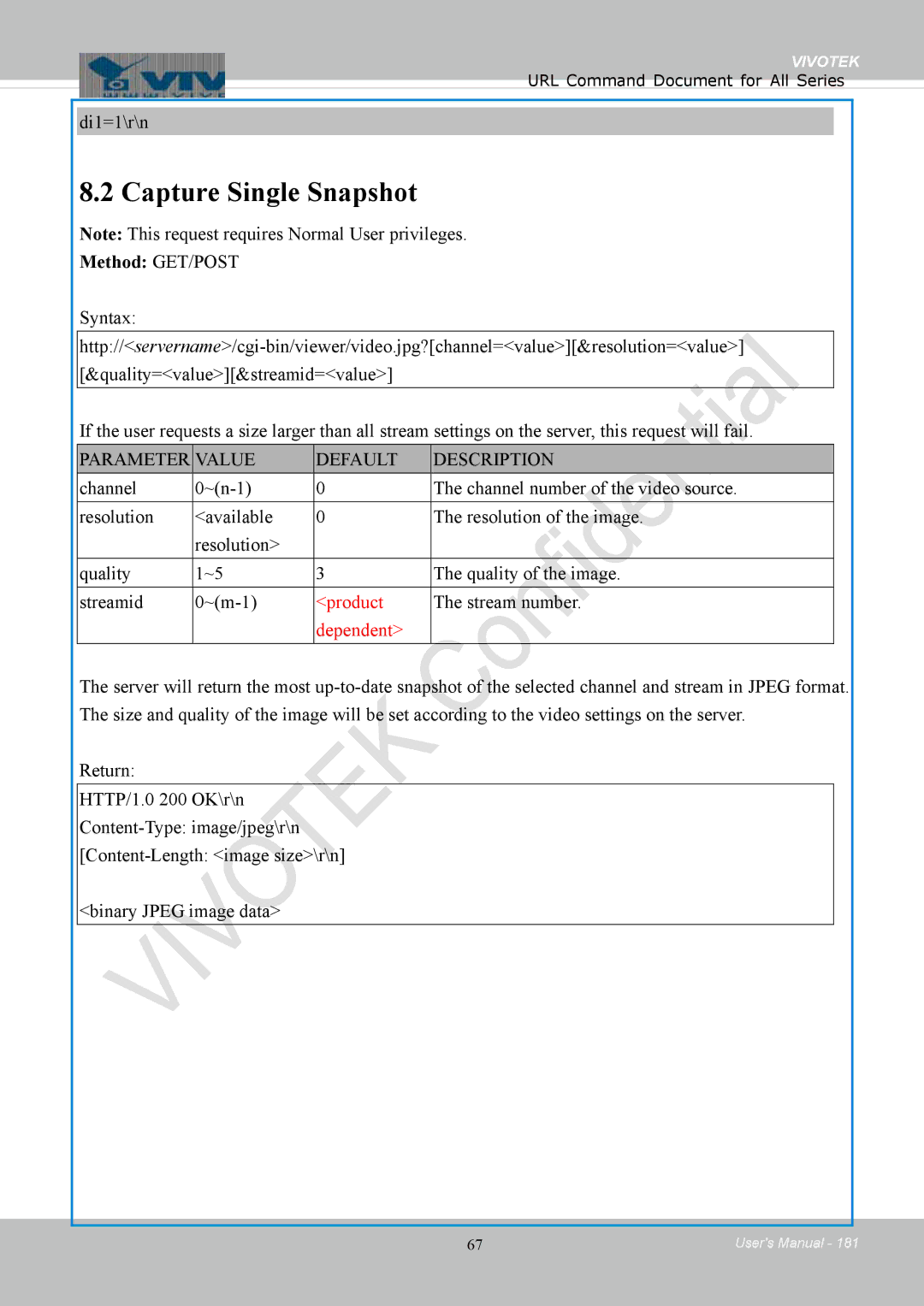 Vivotek IB8354-C user manual Capture Single Snapshot, Di1=1\r\n, Stream number 