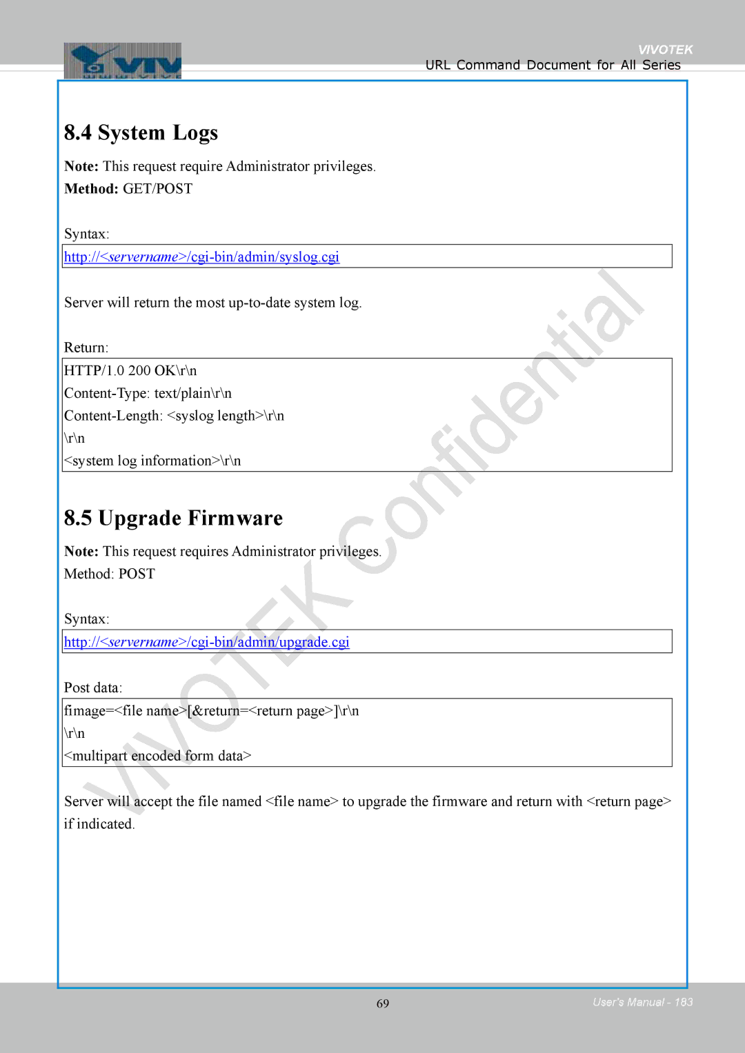 Vivotek IB8354-C user manual System Logs, Upgrade Firmware, Method Post Syntax 