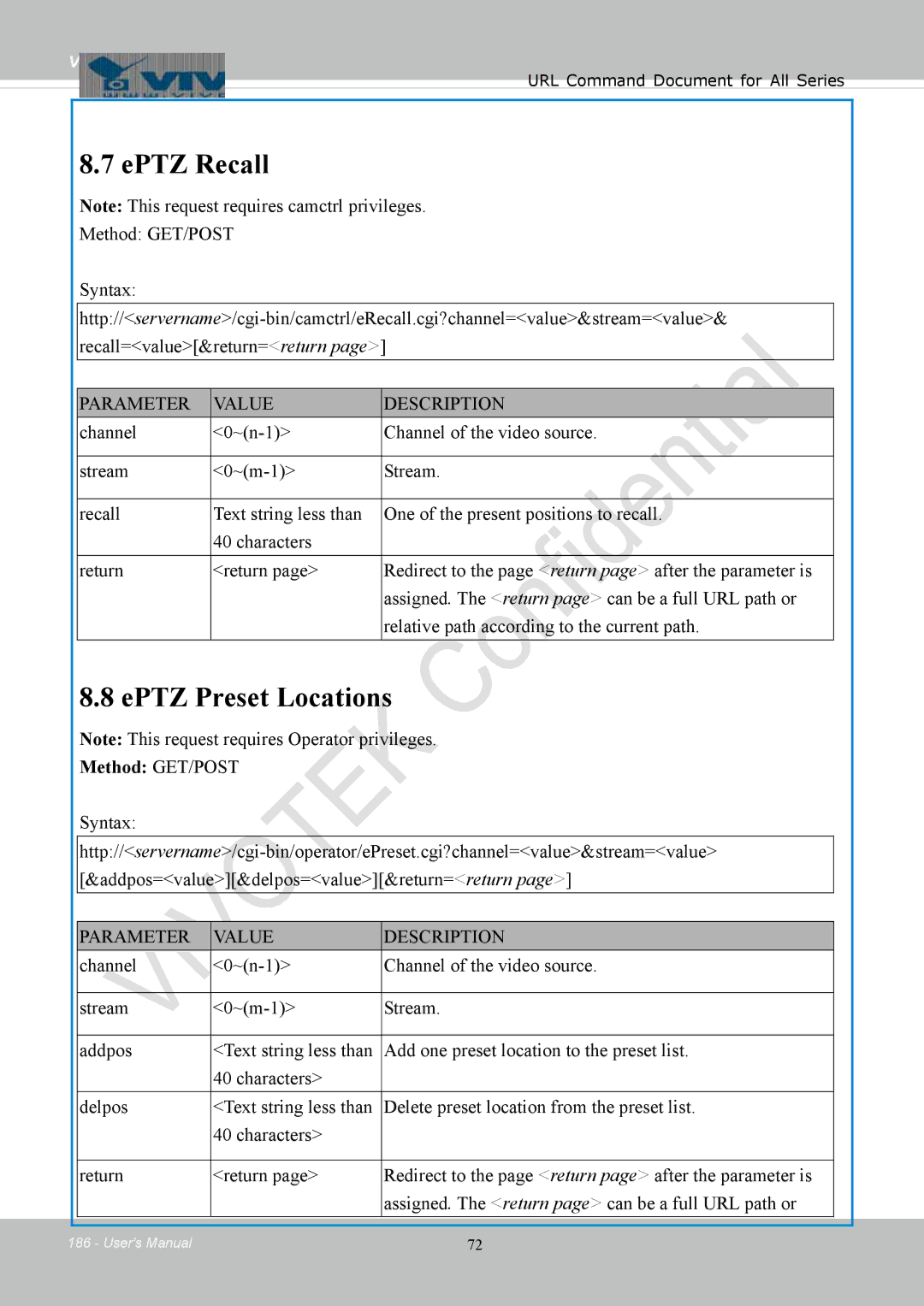 Vivotek IB8354-C user manual EPTZ Recall, EPTZ Preset Locations 