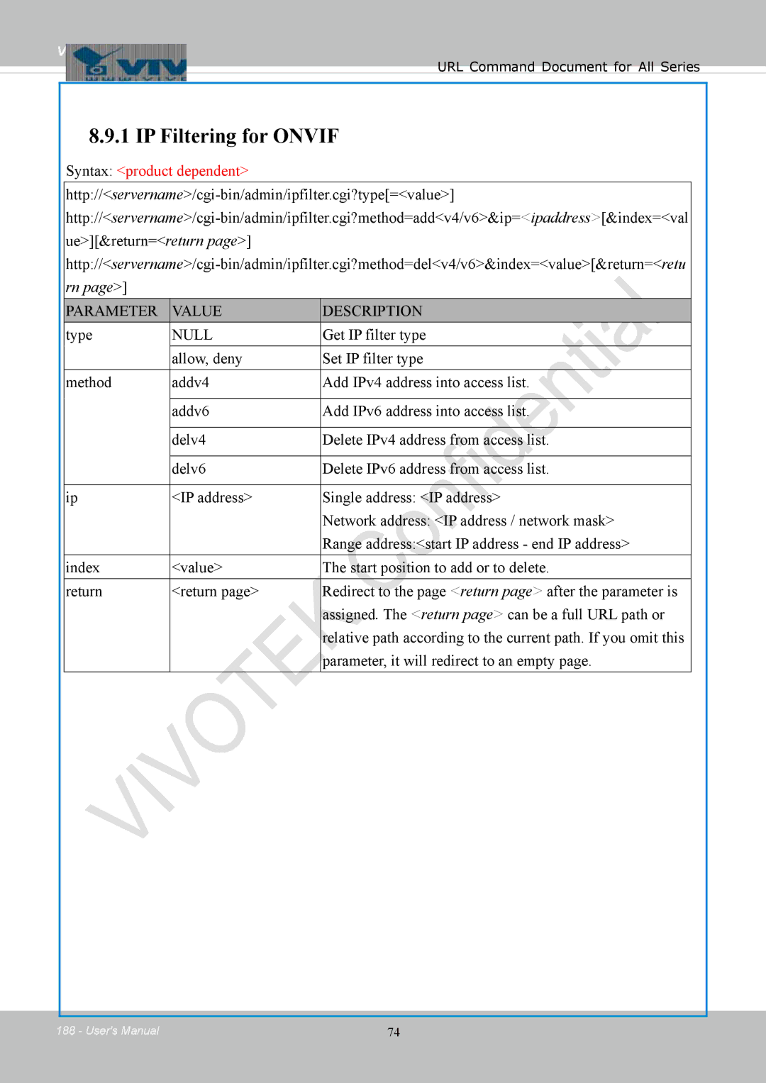 Vivotek IB8354-C user manual IP Filtering for Onvif, Type 