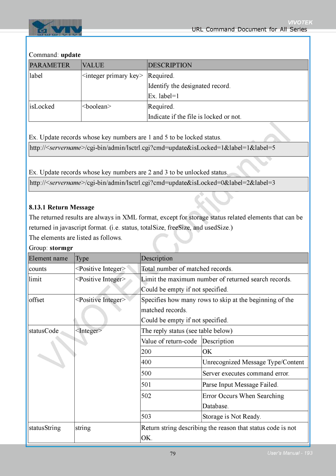 Vivotek IB8354-C user manual Command update, Return Message 