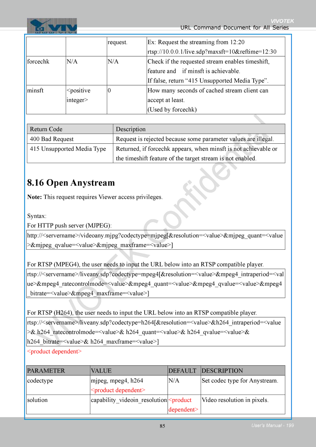 Vivotek IB8354-C Open Anystream, Codectype Mjpeg, mpeg4, h264 Set codec type for Anystream, Video resolution in pixels 