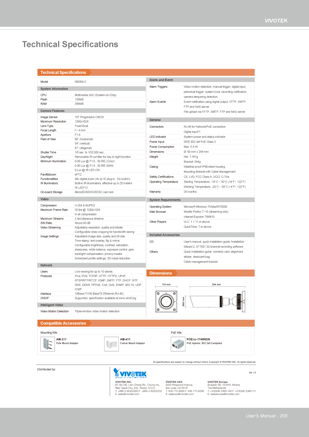 Vivotek IB8354-C user manual Technical Specifications 