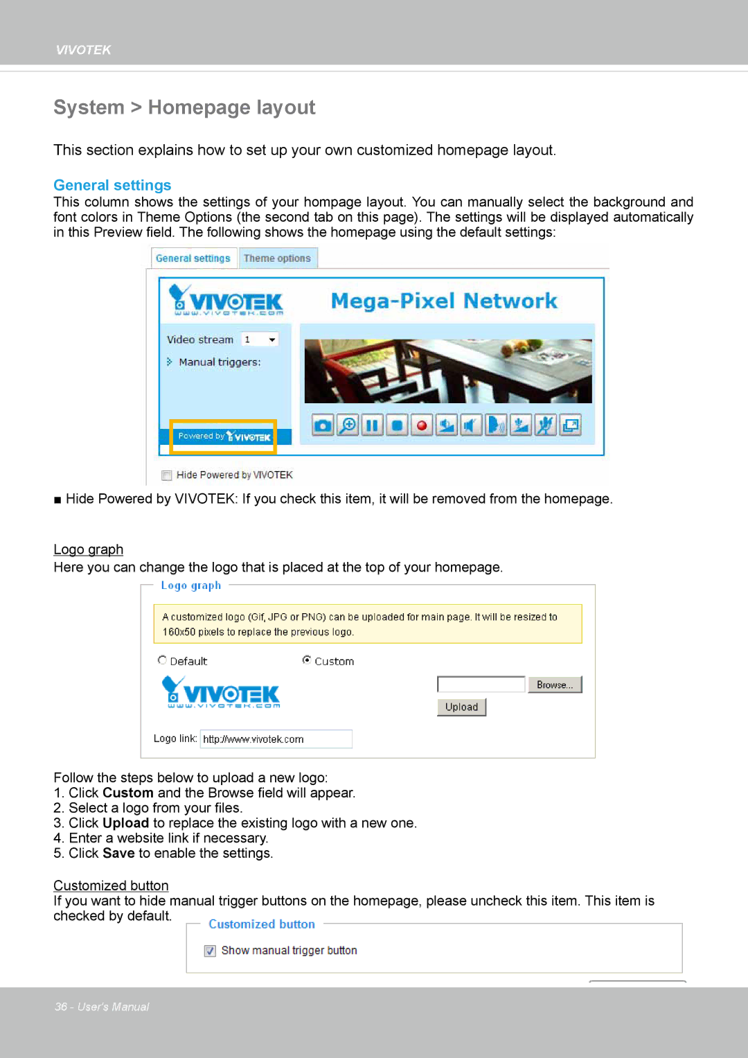 Vivotek IB8354-C user manual System Homepage layout, General settings 