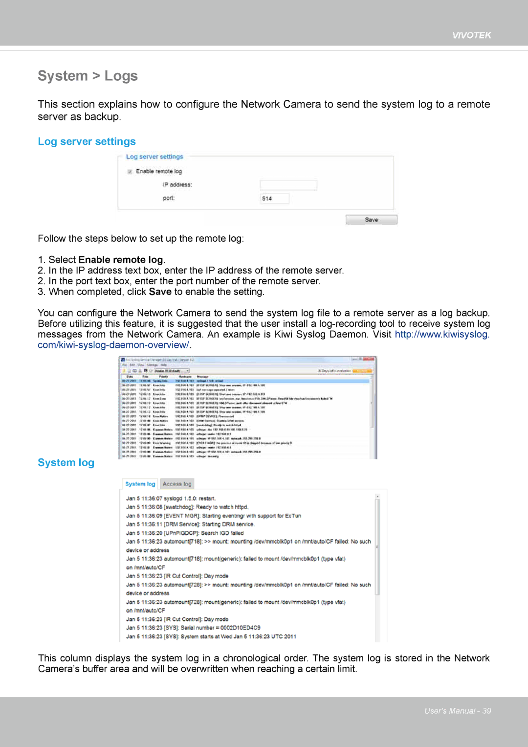 Vivotek IB8354-C user manual System Logs, Log server settings, System log 