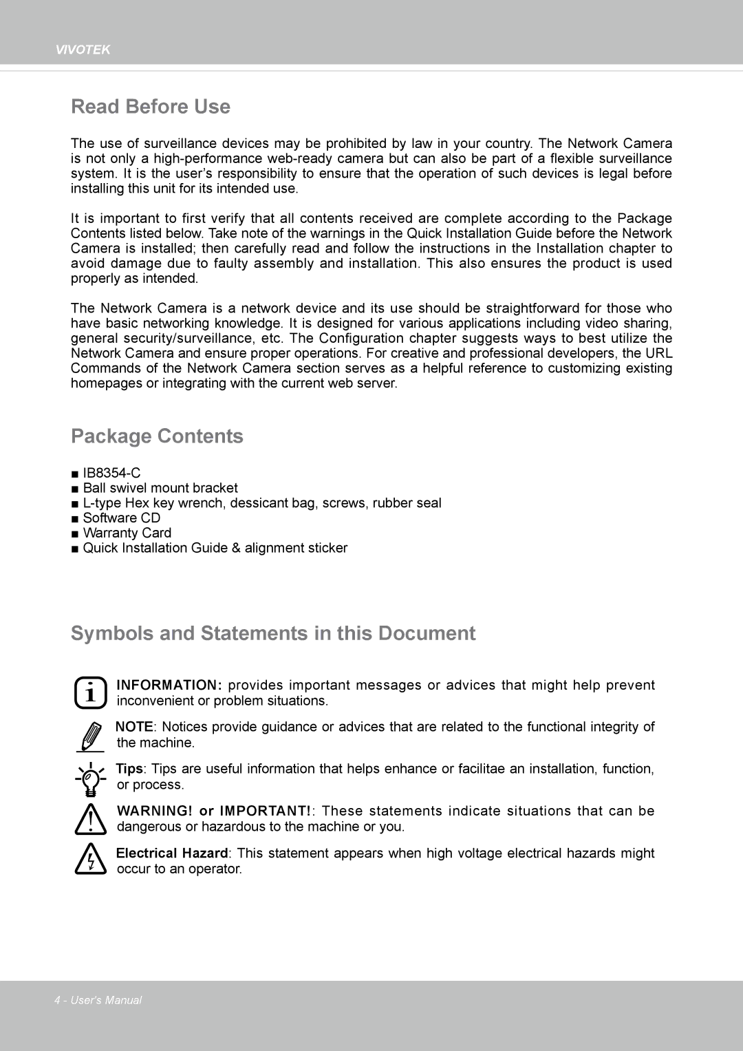 Vivotek IB8354-C user manual Read Before Use, Package Contents, Symbols and Statements in this Document 