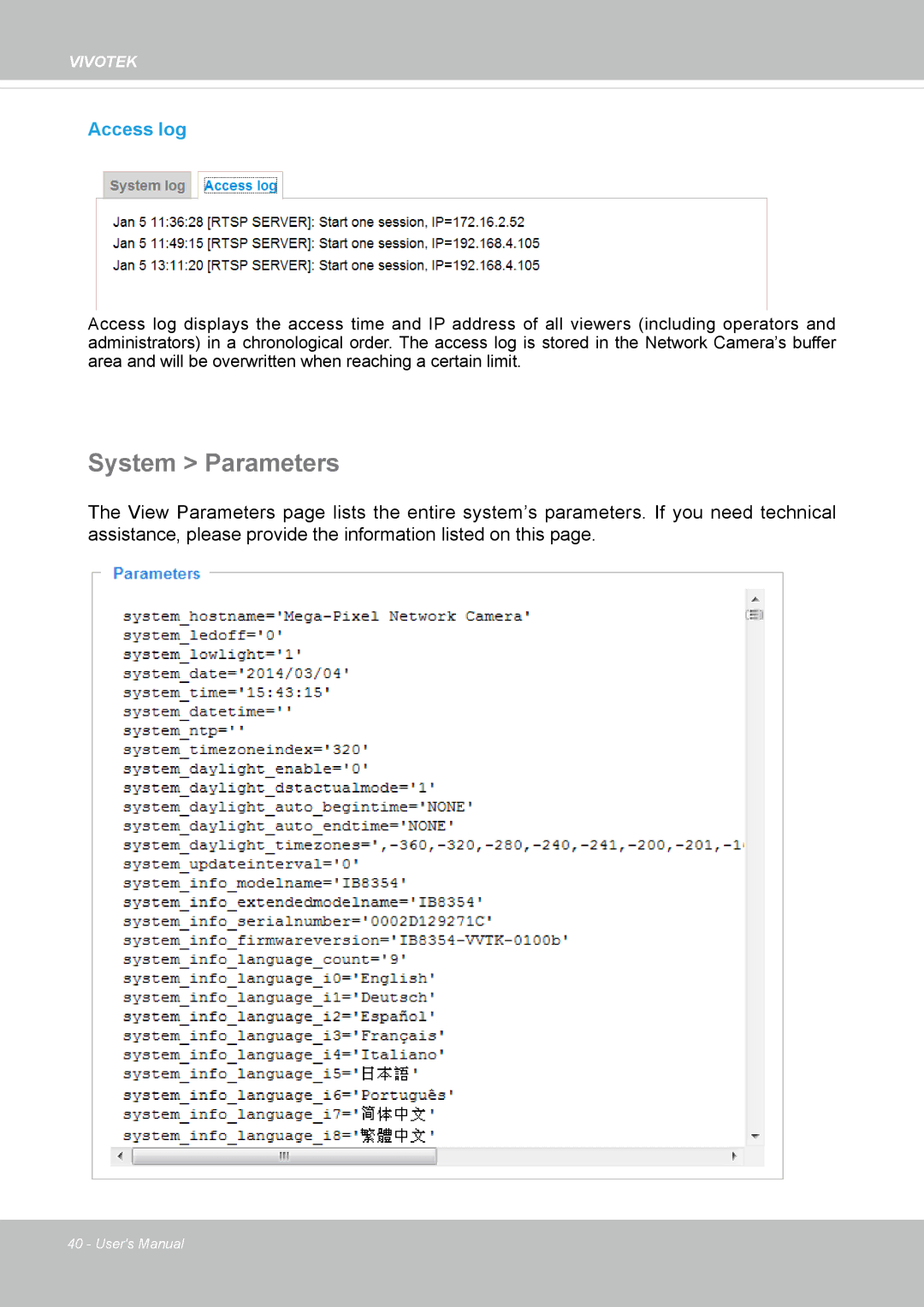 Vivotek IB8354-C user manual System Parameters, Access log 