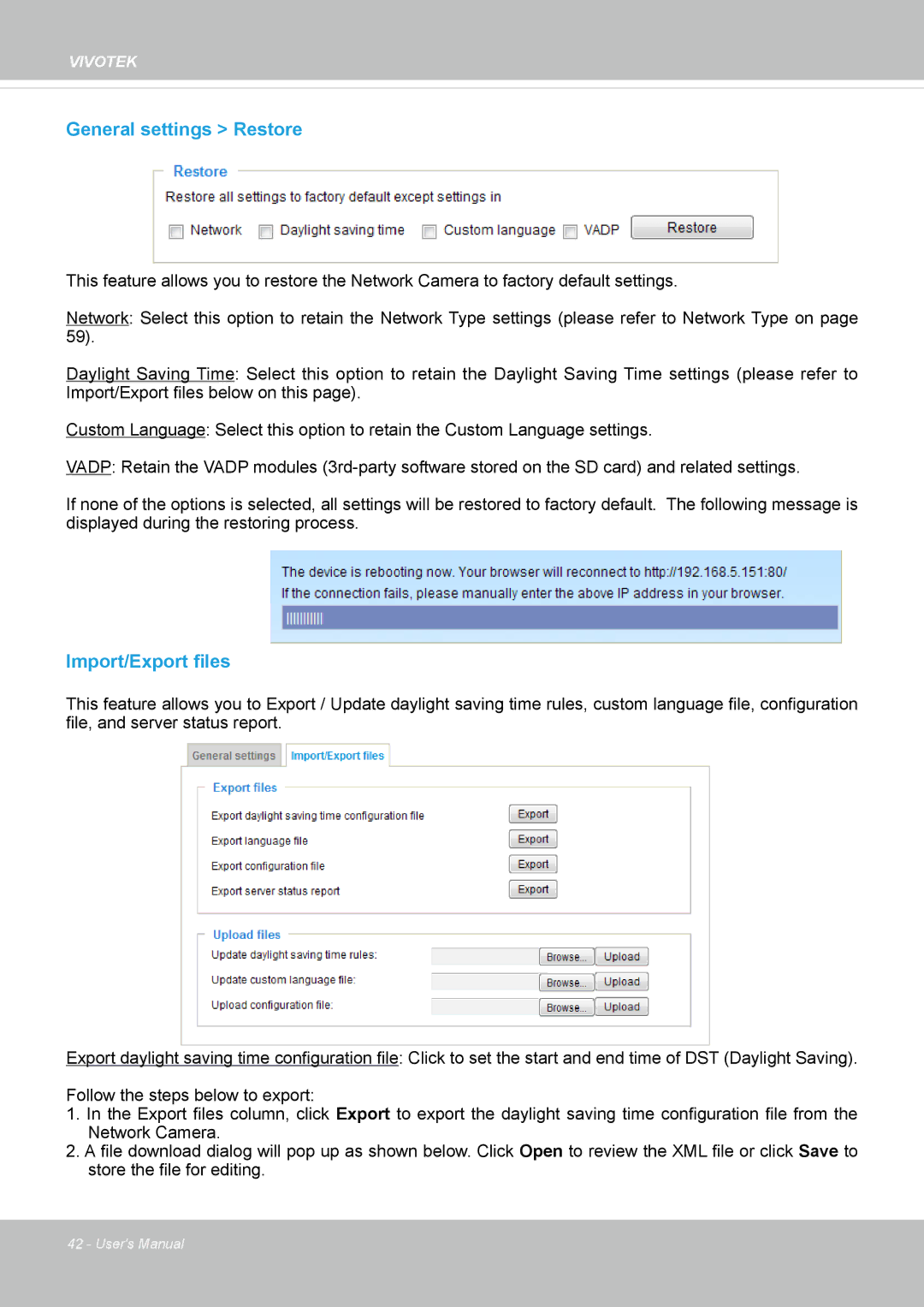 Vivotek IB8354-C user manual General settings Restore, Import/Export files 