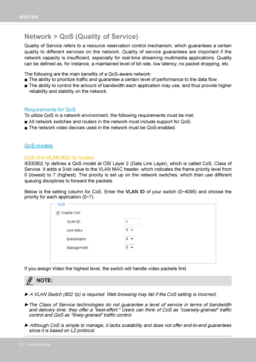 Vivotek IB8354-C user manual Network QoS Quality of Service, Requirements for QoS 