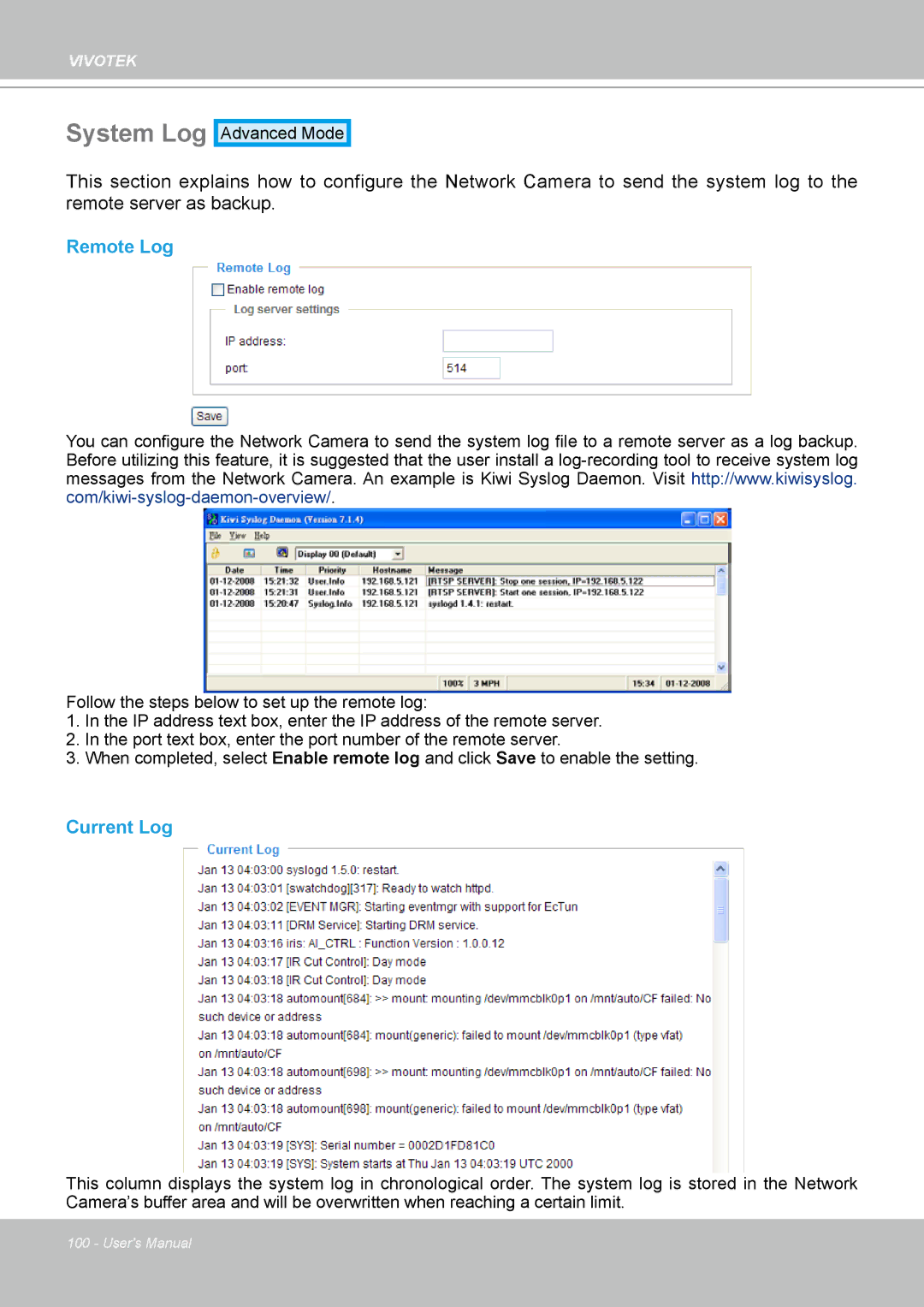 Vivotek IP-8332C user manual System Log, Remote Log, Current Log 