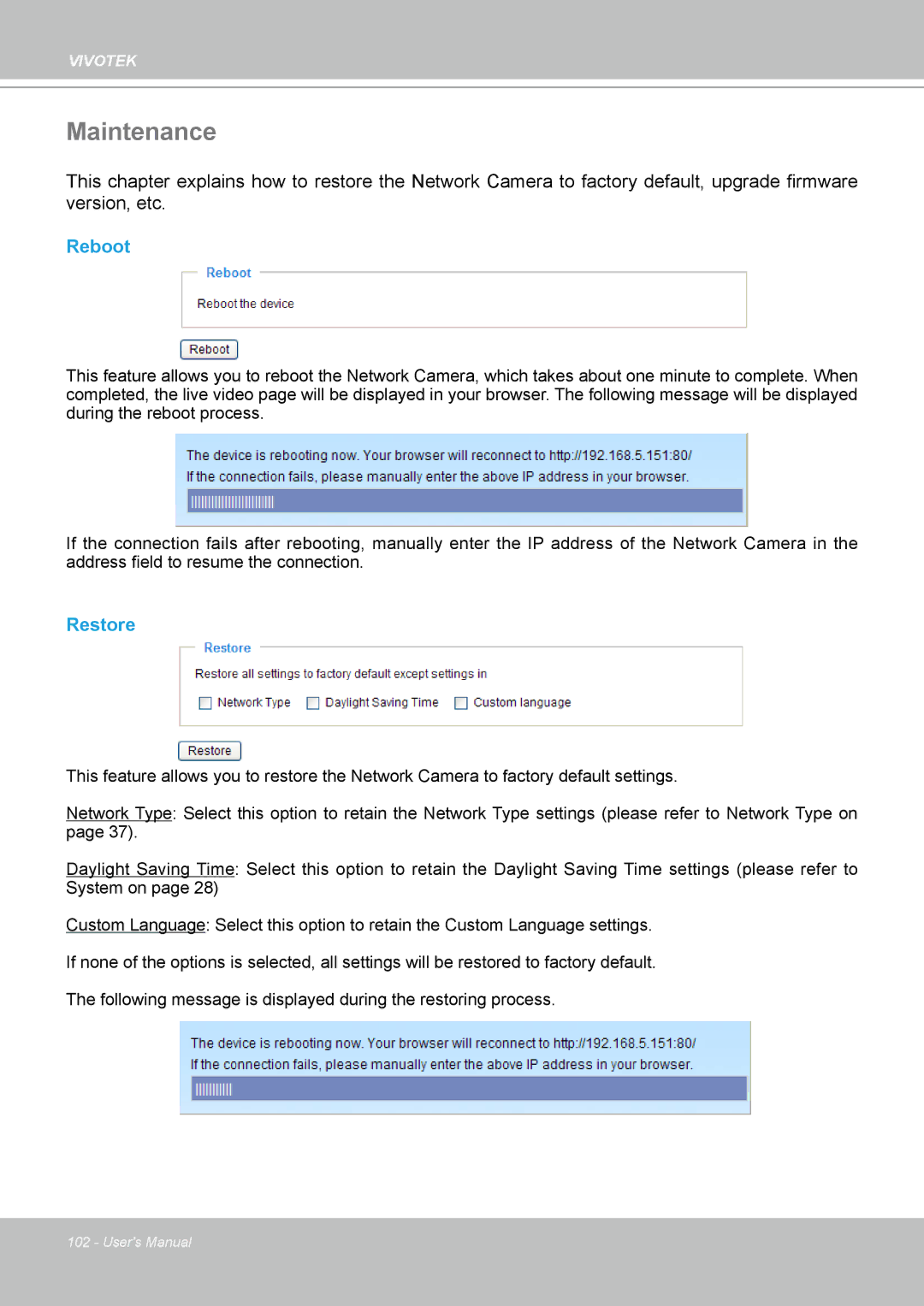 Vivotek IP-8332C user manual Maintenance, Reboot, Restore 