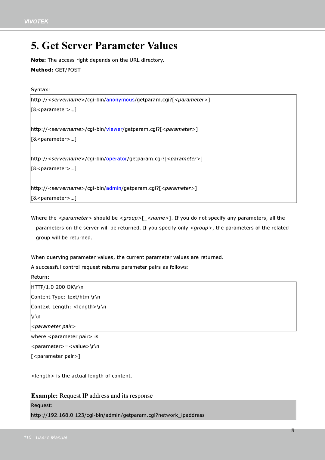 Vivotek IP-8332C user manual Get Server Parameter Values 