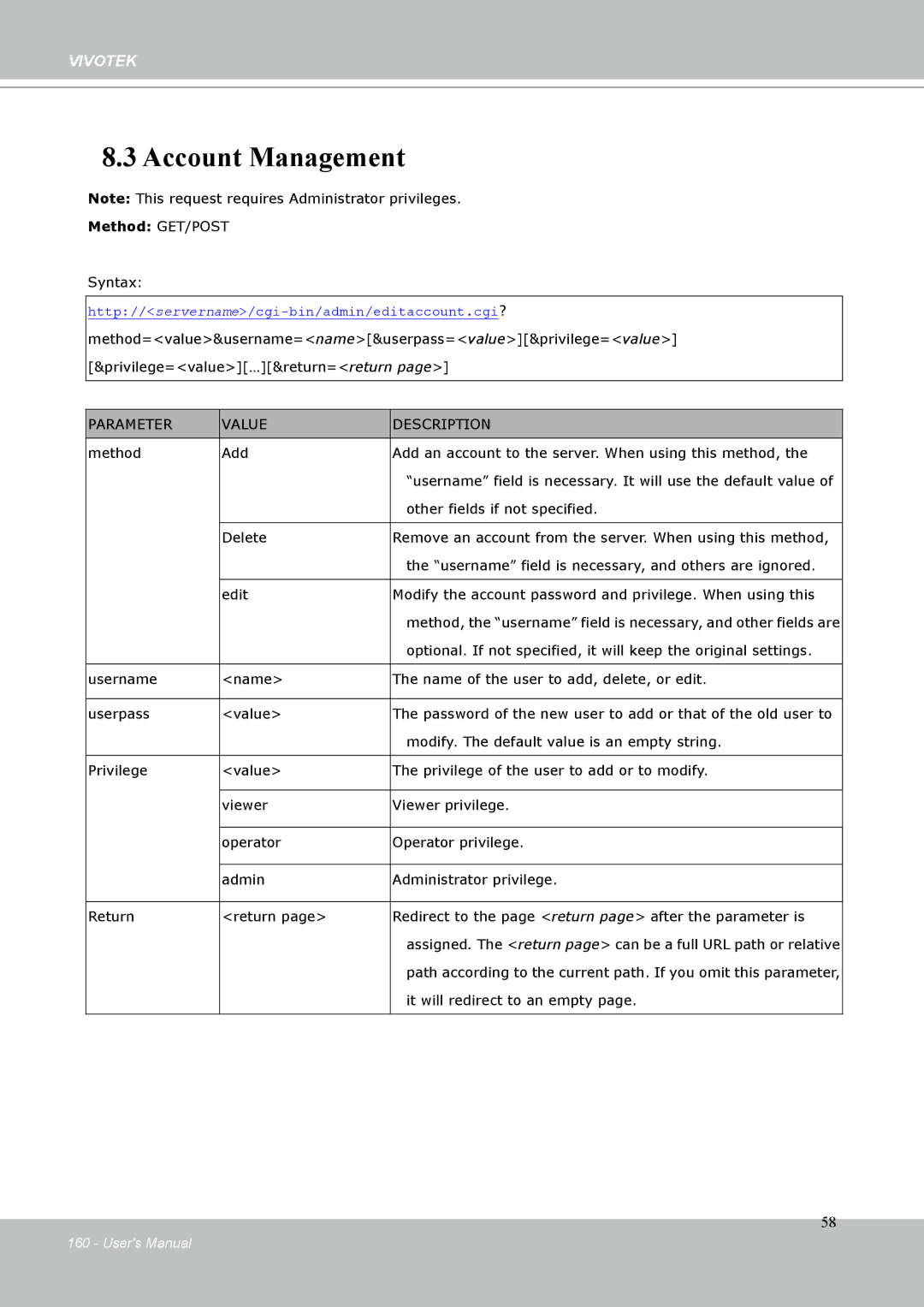 Vivotek IP-8332C user manual Account Management 