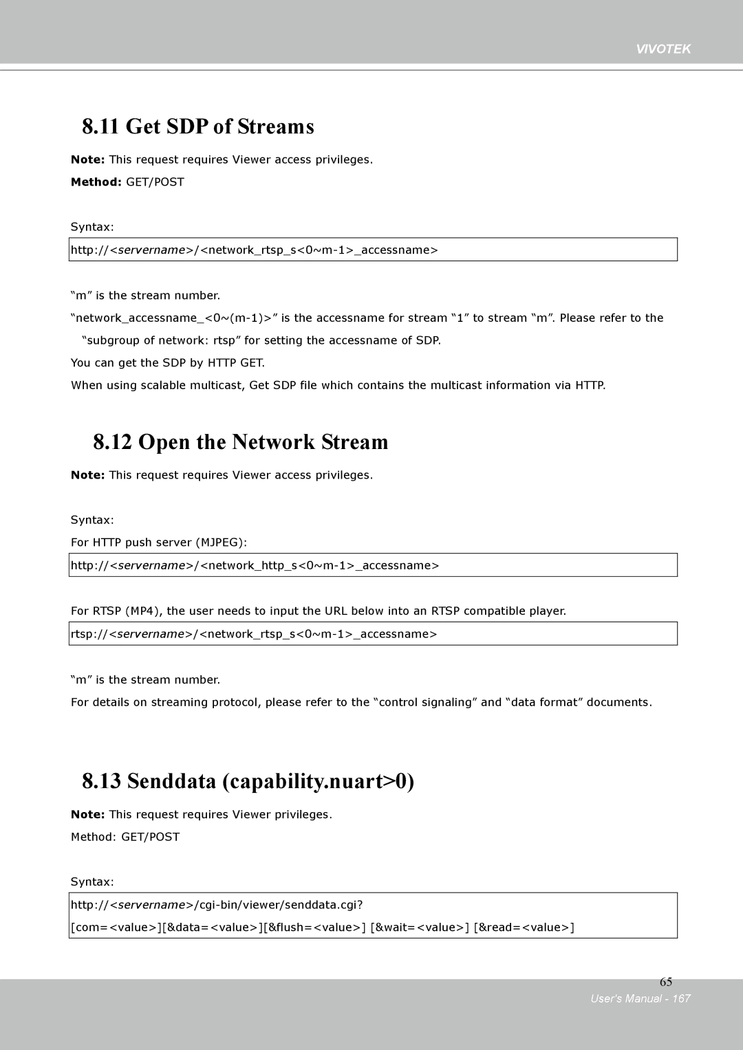 Vivotek IP-8332C user manual Get SDP of Streams, Open the Network Stream, Senddata capability.nuart0 