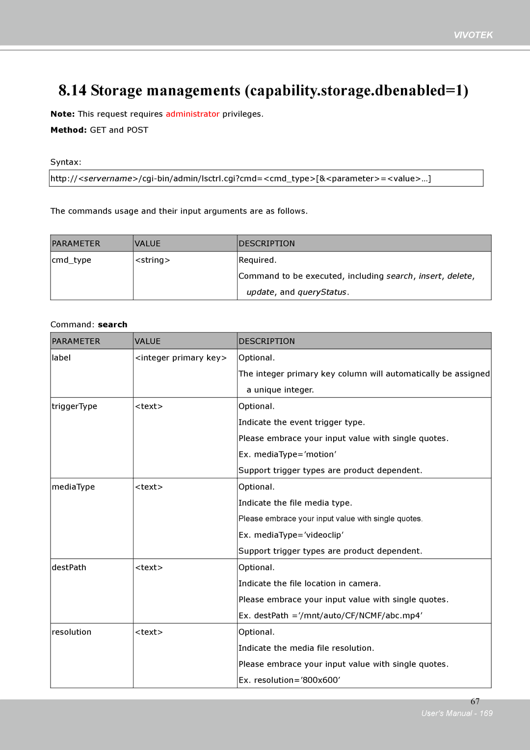 Vivotek IP-8332C user manual Storage managements capability.storage.dbenabled=1, Update , and queryStatus 