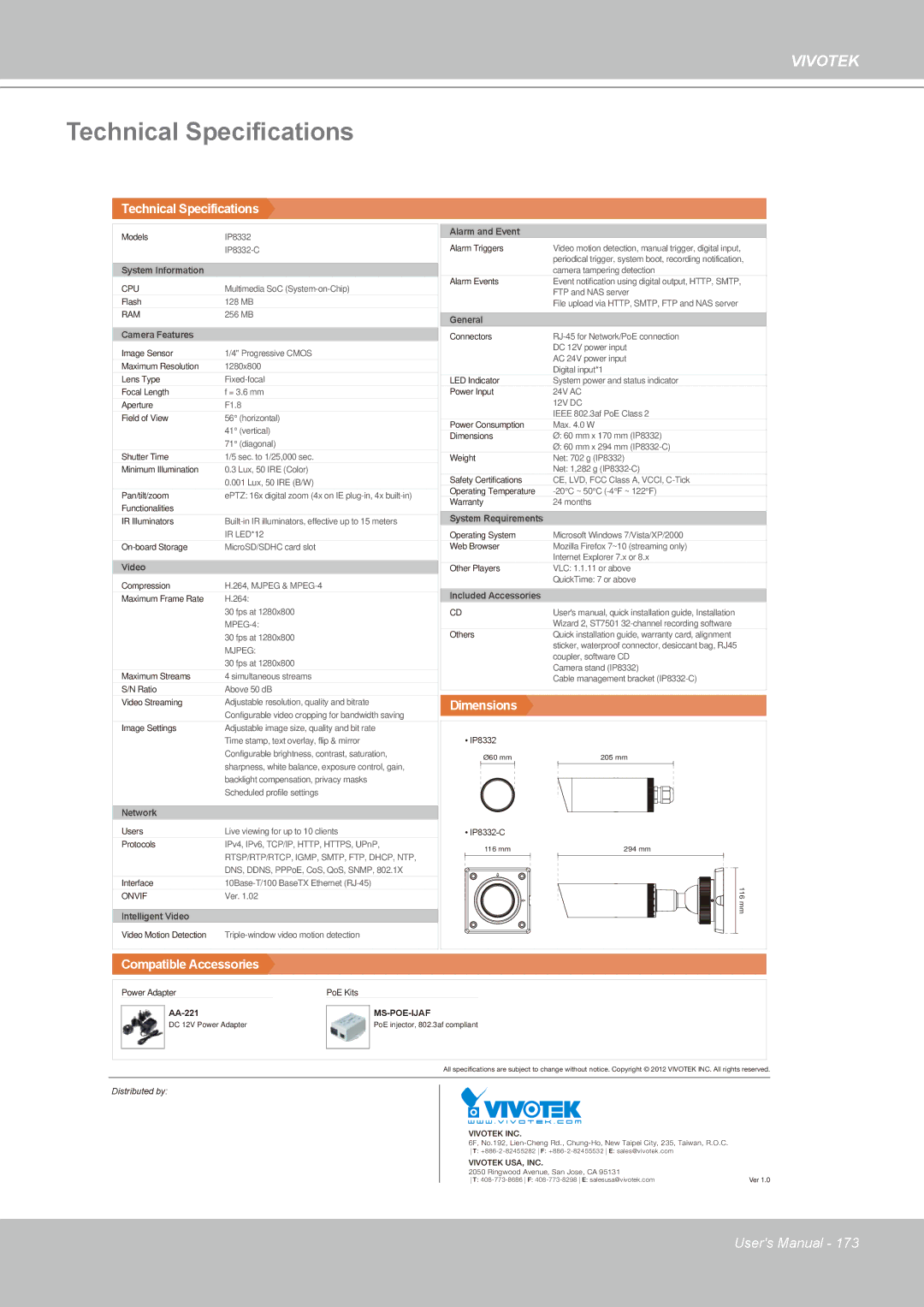 Vivotek IP-8332C user manual Technical Specifications 