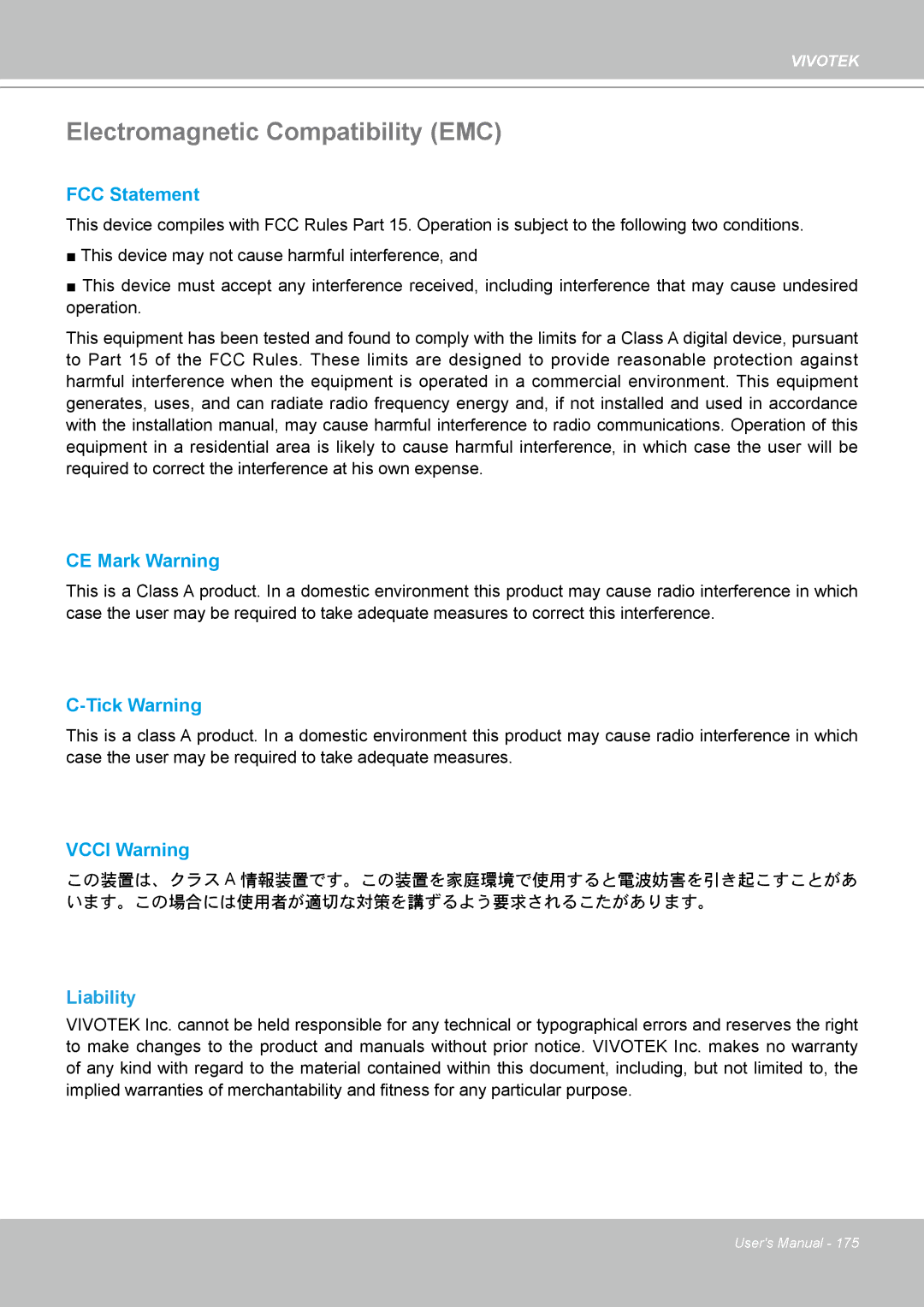 Vivotek IP-8332C user manual Electromagnetic Compatibility EMC, Liability 