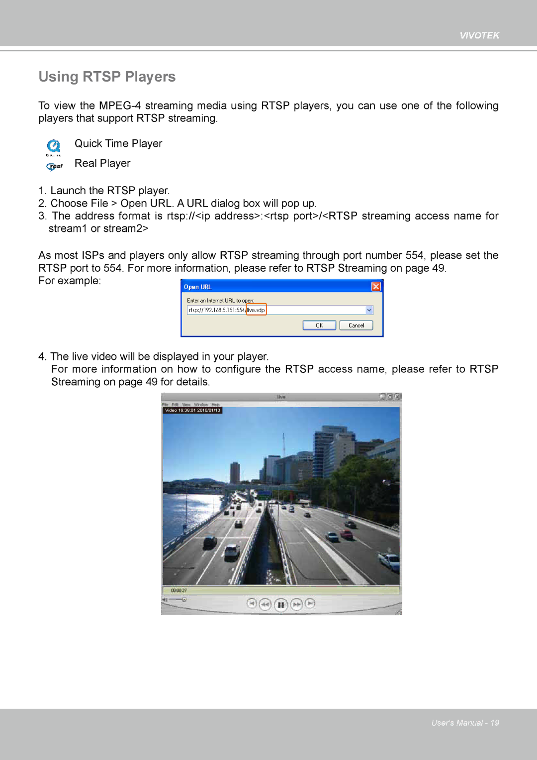 Vivotek IP-8332C user manual Using Rtsp Players 