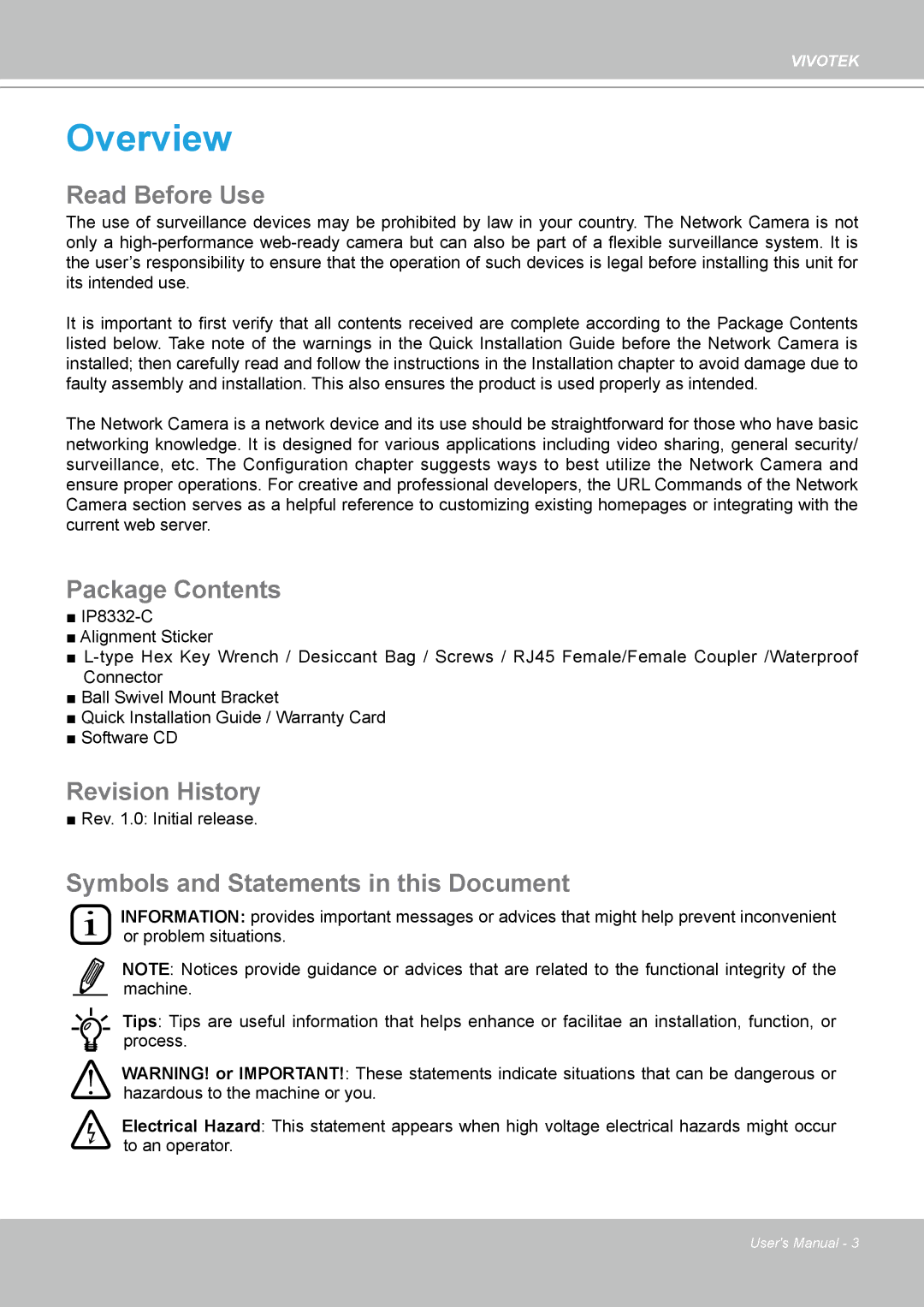 Vivotek IP-8332C user manual Read Before Use, Package Contents, Revision History, Symbols and Statements in this Document 