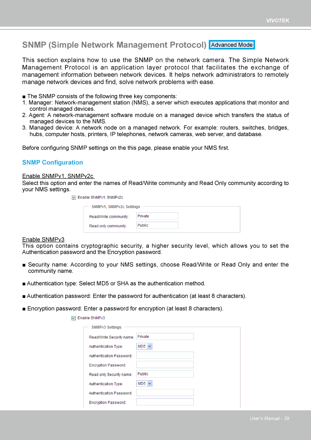 Vivotek IP-8332C user manual Snmp Simple Network Management Protocol, Snmp Configuration 